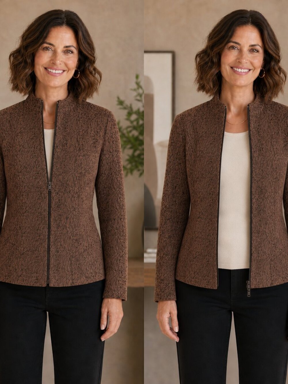 Dressbarn Brown Textured Zip‑Front Jacket/Blazer – Size M, Like New